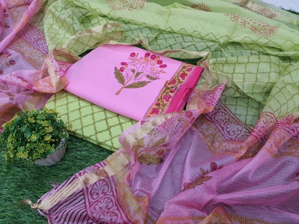 Orchid and Lime Cotton suit with kota silk dupatta