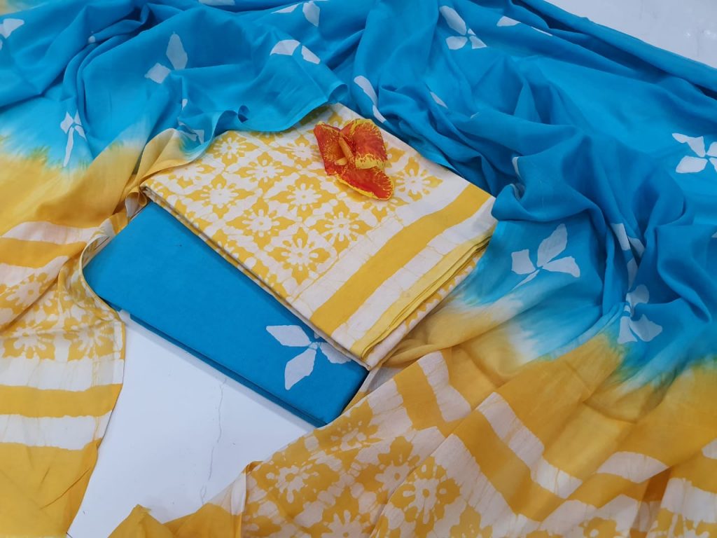 Yellow and Azure Cotton salwar kameez set with mulmul dupatta suit