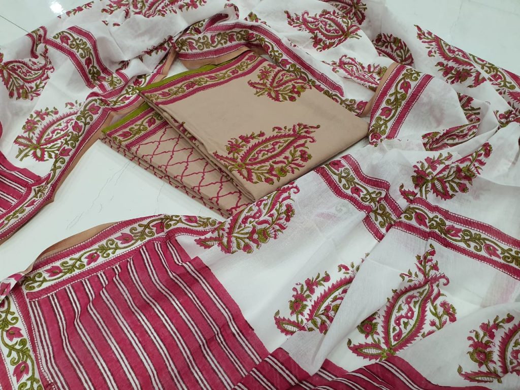 Blush and white Cotton salwar kameez set with mulmul dupatta suit