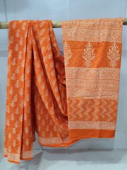 Orange cotton malmal saree with blouse for women