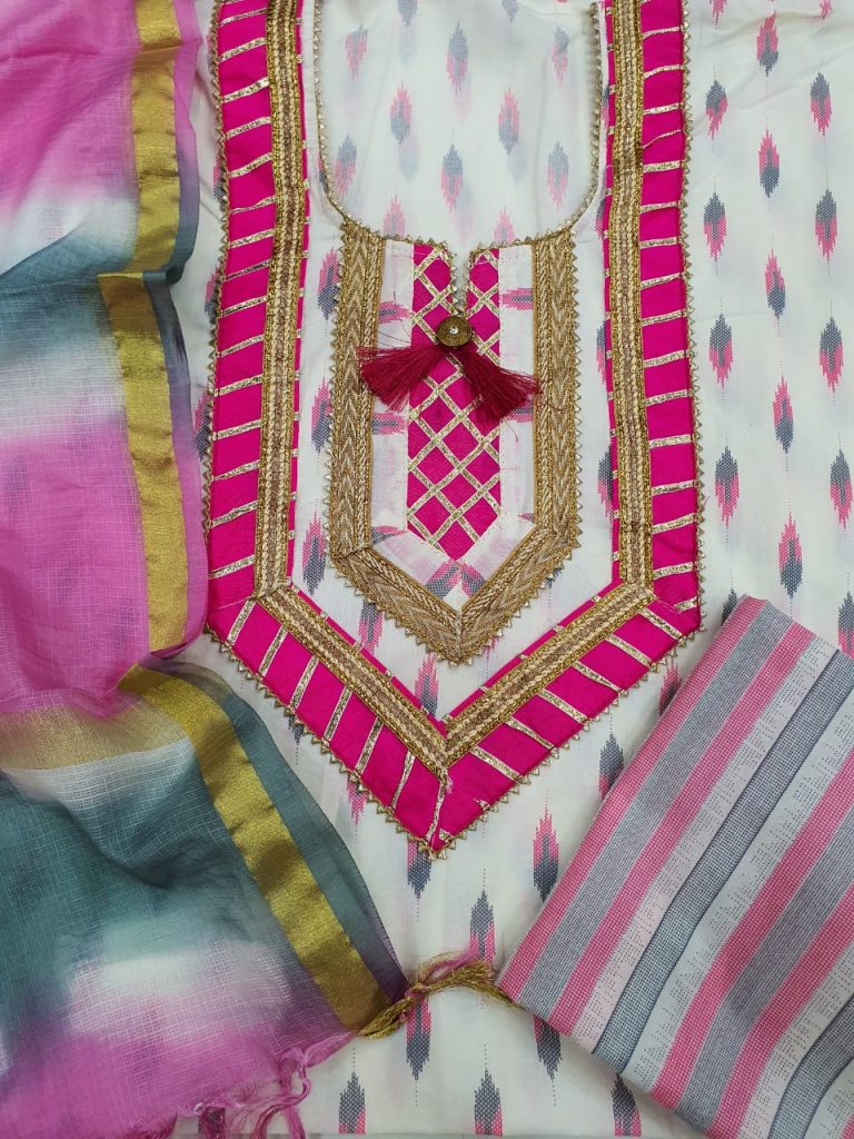 Partywear Magenta rose and white Gota Embroided cotton suit with Kota silk dupatta