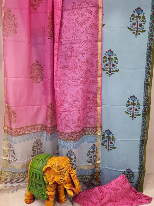 Regular wear Pink and Slate gray Cotton suit with kota silk dupatta