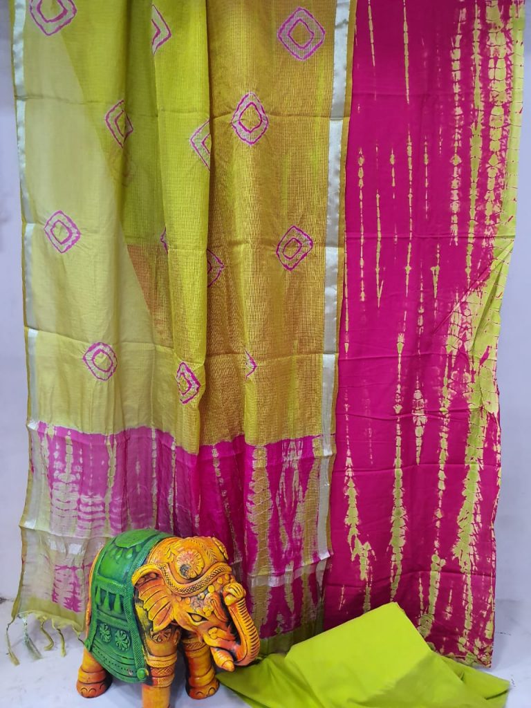 Magenta rose and lime Cotton suit with kota silk dupatta