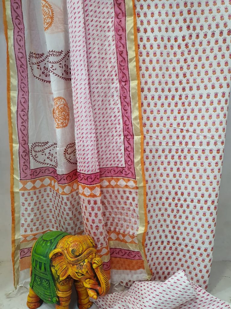 Summer wear pink and white Cotton suit with kota silk dupatta