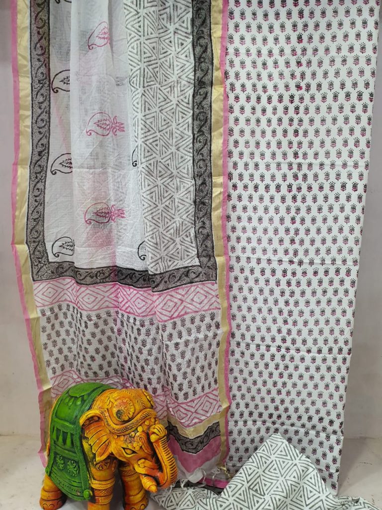 daily wear pink and white Cotton suit with kota silk dupatta