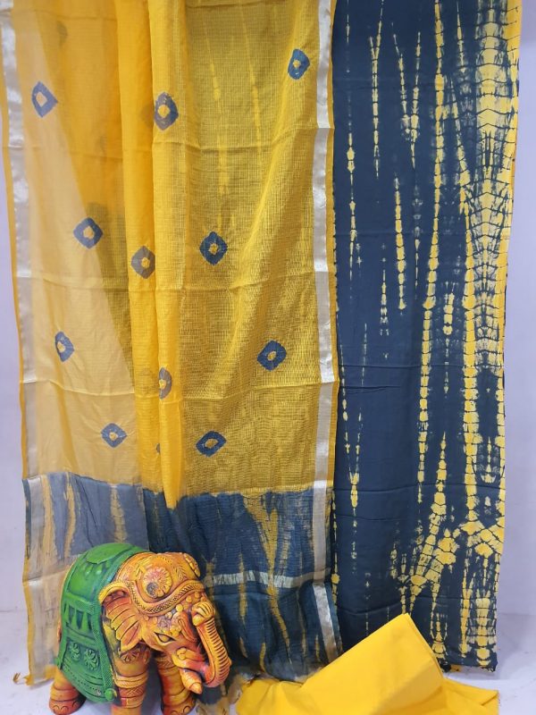 Summer wear Yellow and Slate gray Cotton suit with kota silk dupatta