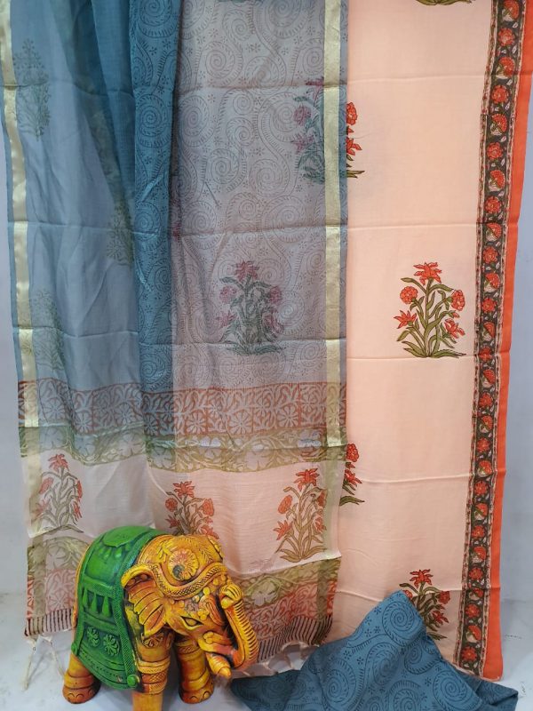 Aapricot and slate gray Cotton suit with kota silk dupatta