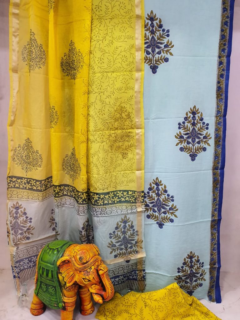 daily wear Yellow and silver Cotton suit with kota silk dupatta