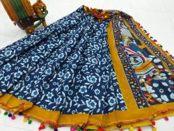 blue and amber cotton pompom saree