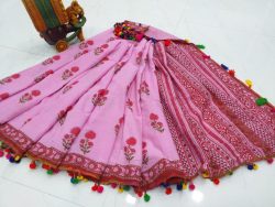 Partywear Pink Pompom cotton mulmul saree with Blouse