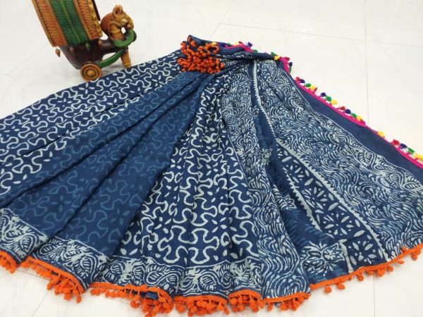 Party wear Blue Pompom cotton mulmul saree with Blouse