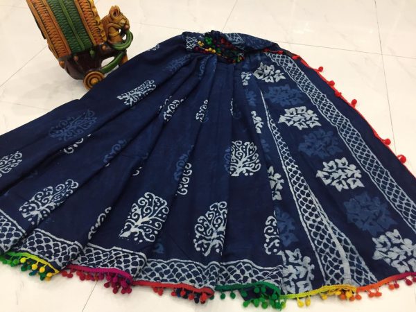 Navy blue cotton pompom saree with blouse