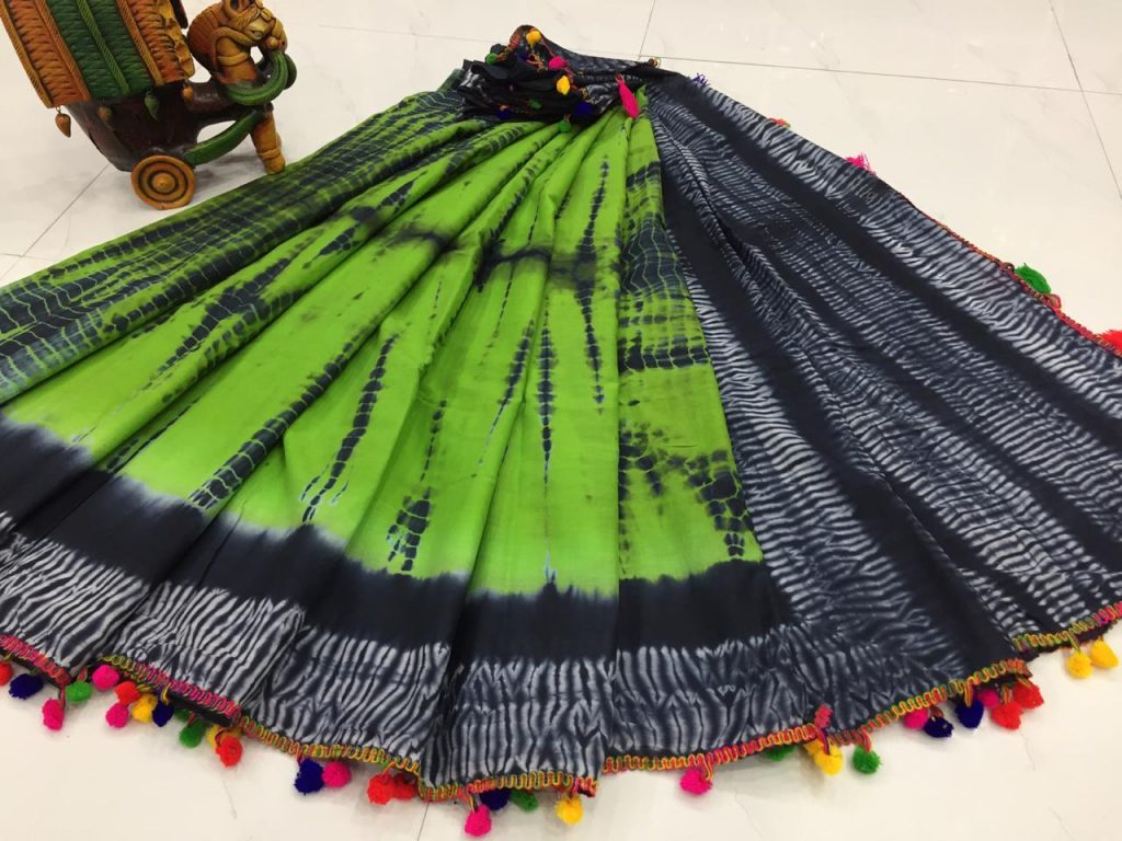 Chartreuse green and Black cotton pompom saree with blouse