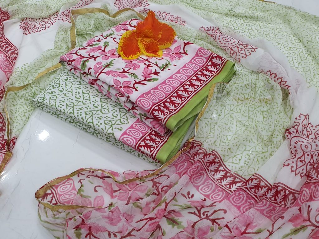 summer wear Pink and white Natural Zari border suit set