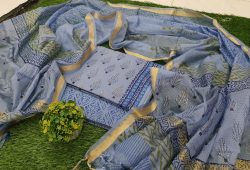 Natural Baby blue Cotton suit with kota silk dupatta