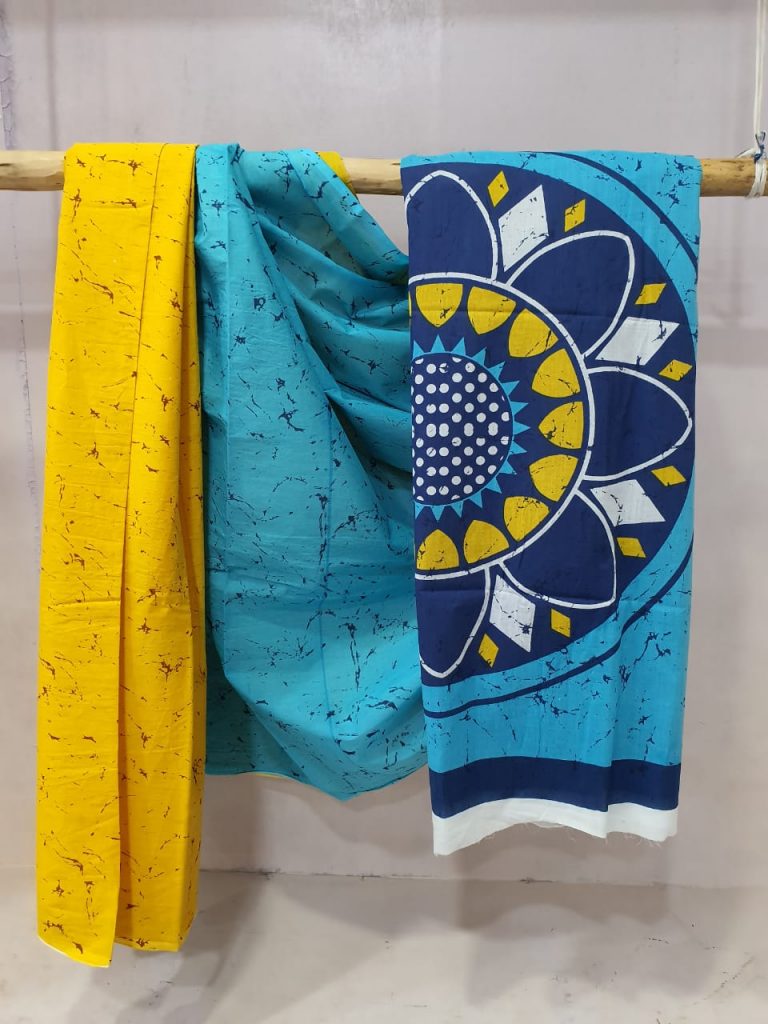 Unstitched Cyan and Yellow Cotton saree