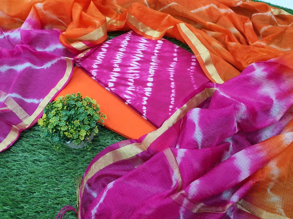 beautiful Pink and Orange Cotton suit with kota silk dupatta