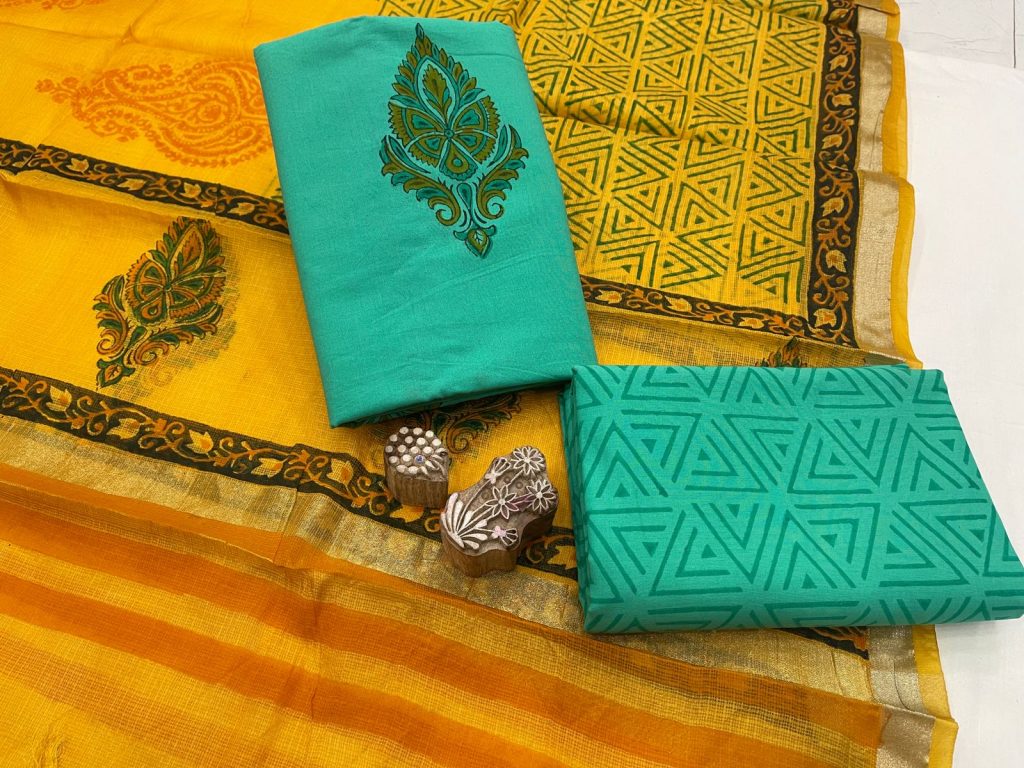 Exclusive Cyan and Ocher Cotton suit with kota silk dupatta