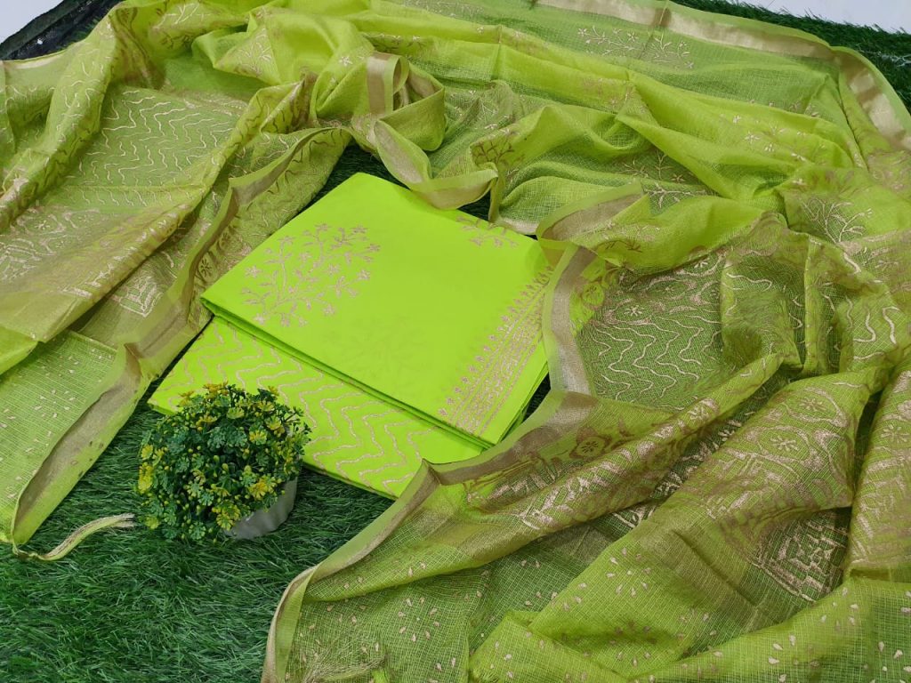 Office wear Traditional Lime Cotton suit with kota silk dupatta for women