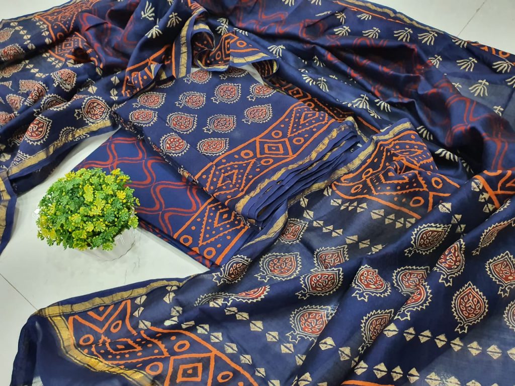 Jaipuri blue pigment print  chanderi silk suit