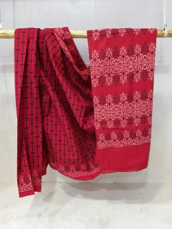 Traditional Crimson Cotton mulmul saree with blouse