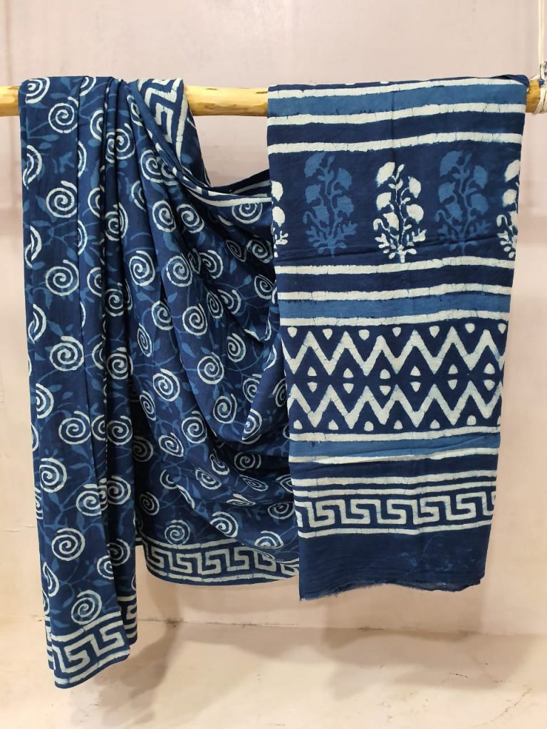 Indigo dabu print Blue Cotton mulmul saree with blouse