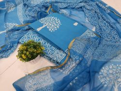 Superior quality Azure blue zari border cotton chudidhar set