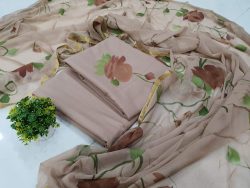 beige and Brown hand painted zari border cotton suit pure chiffon dupatta