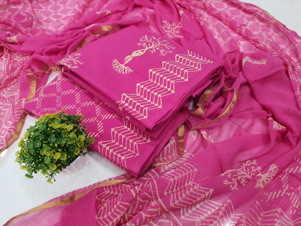 Unstitched pink Zari border cotton suit set with pure chiffon dupatta