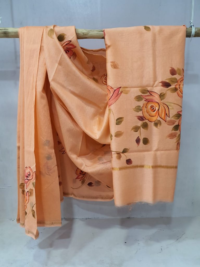 Apricot Chanderi silk saree With blouse for women