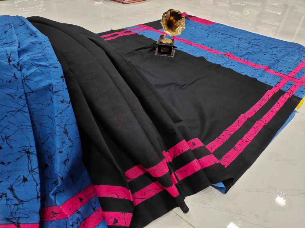 Batik print Medium Sapphire and black cotton saree for ladies