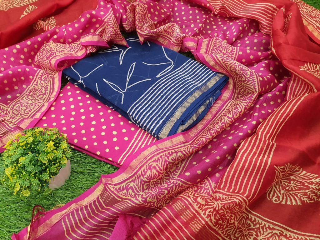 Pink and blue chanderi silk suit with cotton bottom