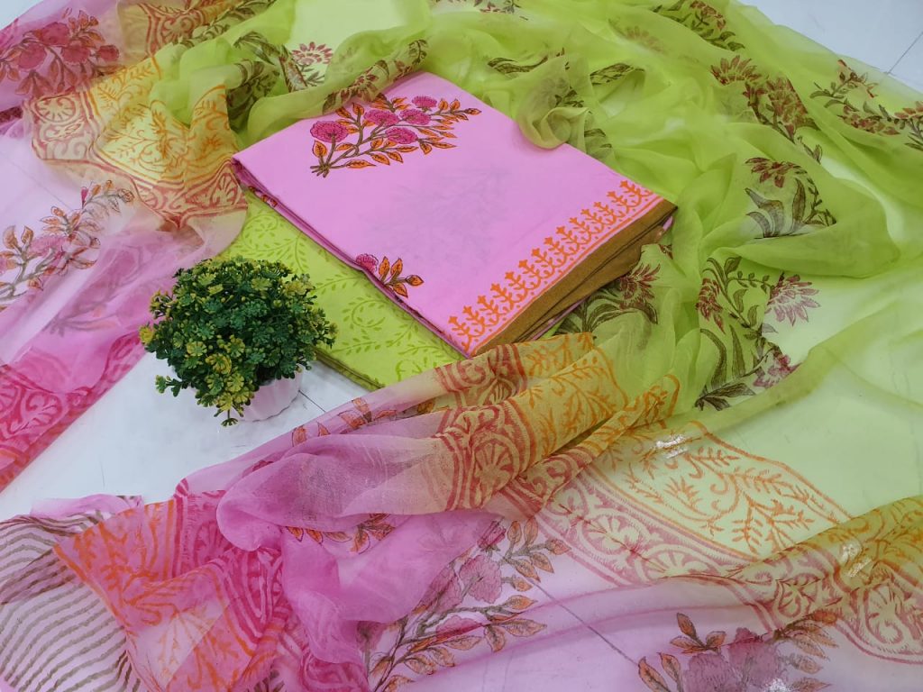 Summer wear Pink and lime cotton chiffon chudhidar set