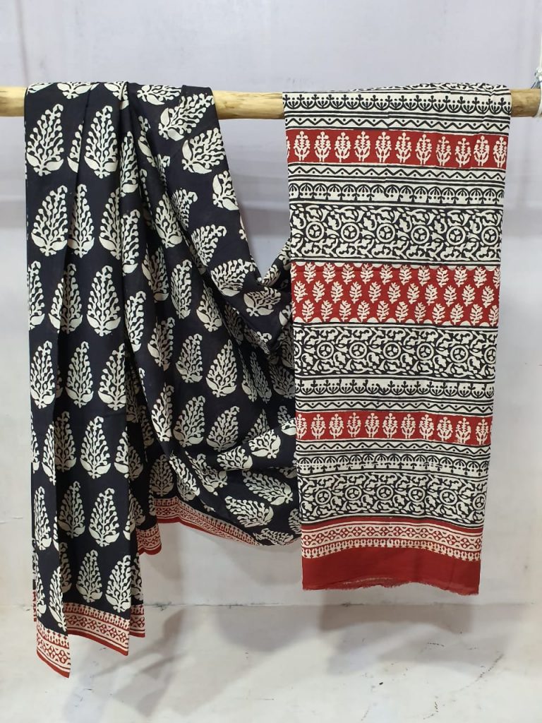 bagru print carmine and black cotton mulmul saree with blouse
