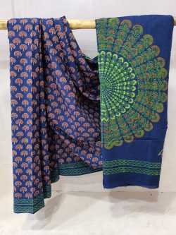 jaipuri Persian blue cotton mulmul saree for for women