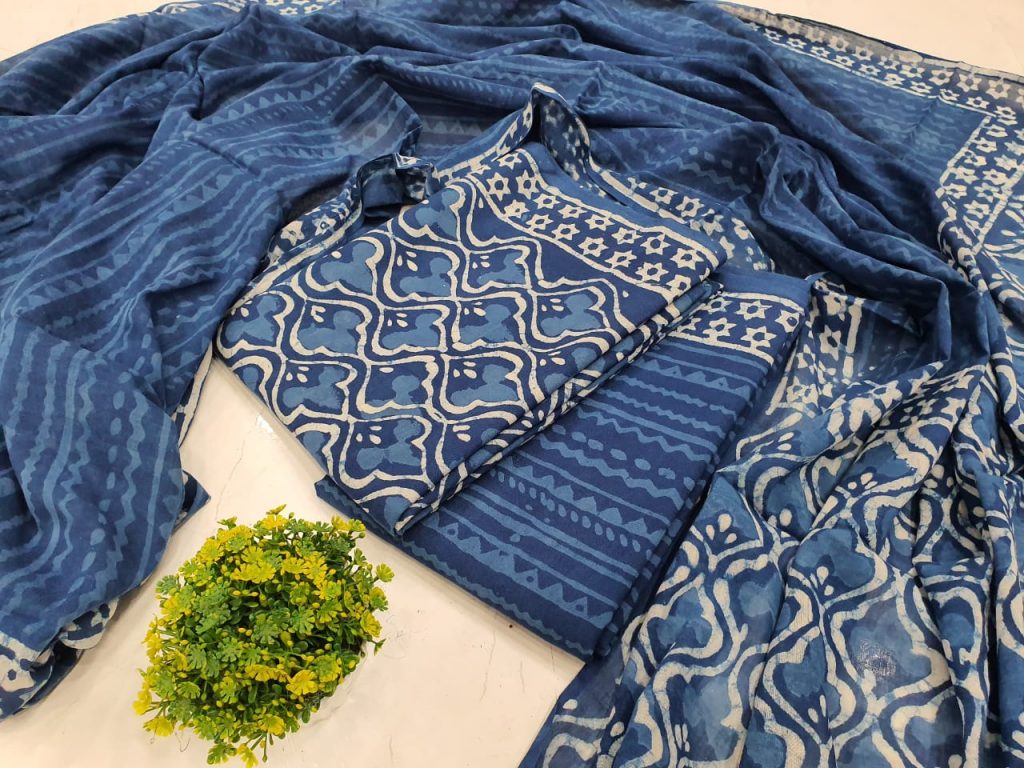 Unstitched Persian blue Cotton dupatta suit set