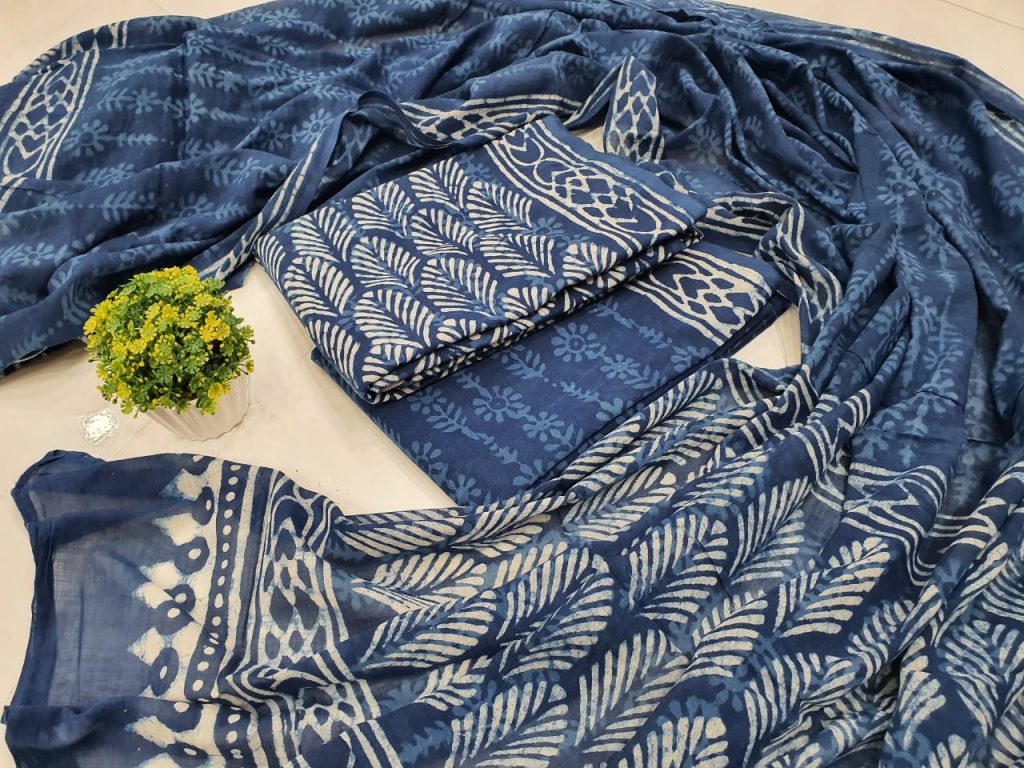 Traditional Persian blue Cotton dupatta suit set