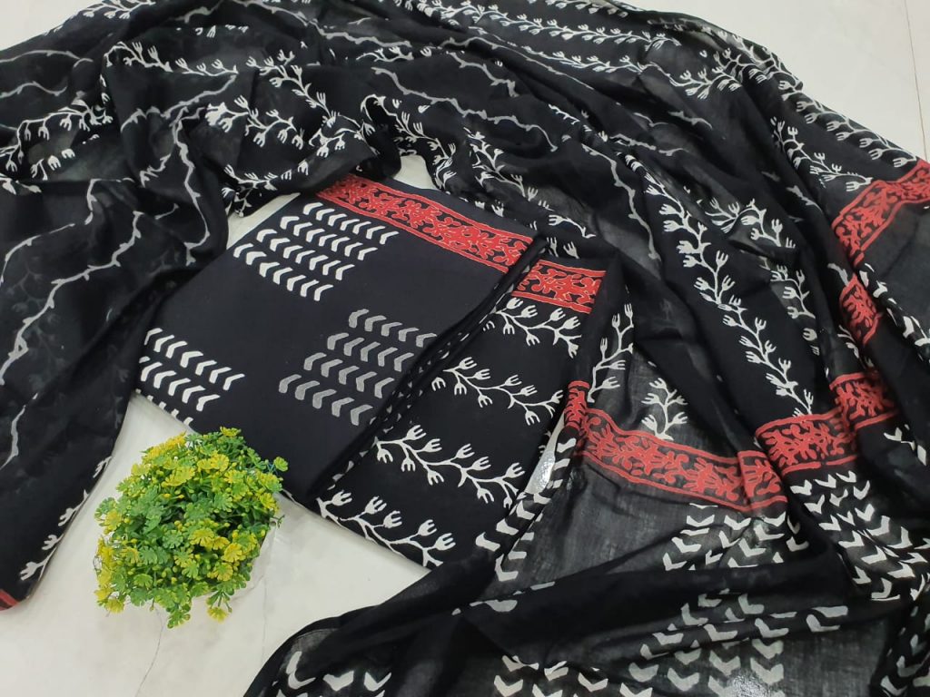 Black pure Cotton salwar kameez set with pure mulmul dupatta