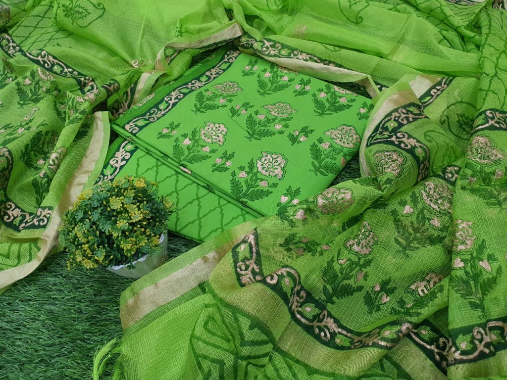 Superior quality Green Cotton suit with kota silk dupatta for women