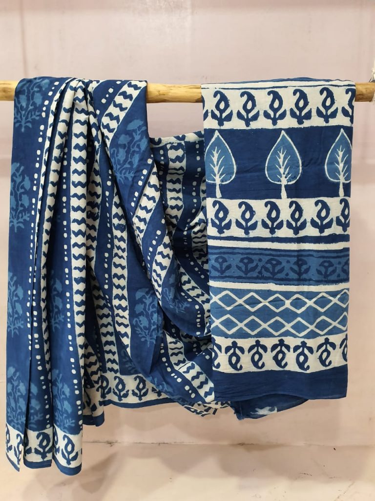 Traditional Persian blue cotton mulmul saree for for women