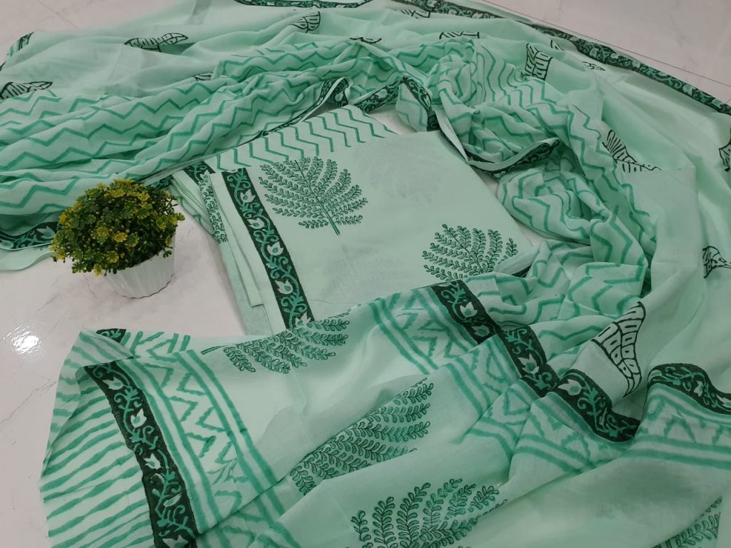 Aquamarine Cotton salwar kameez set with mulmul dupatta suit