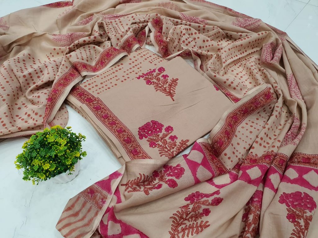 Desert sand color Cotton salwar kameez set with mulmul dupatta suit