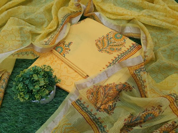 Mugal print yellow Cotton suit with kota silk dupatta
