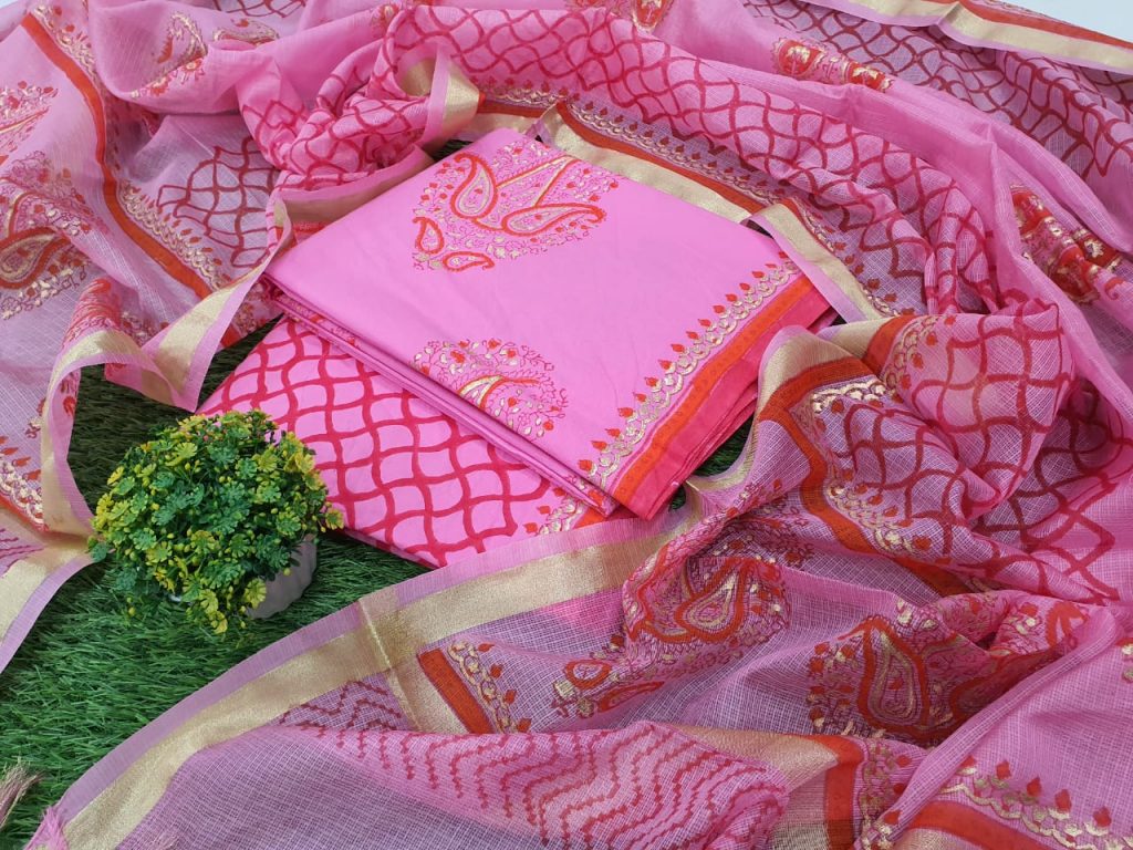 Traditional Pink Cotton suit with kota silk dupatta