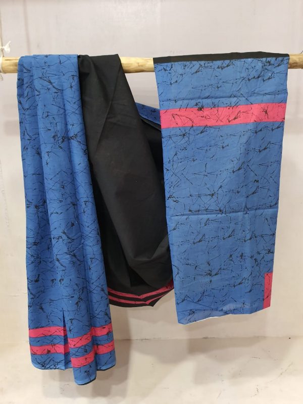 Batik print Medium Sapphire and black cotton saree for ladies