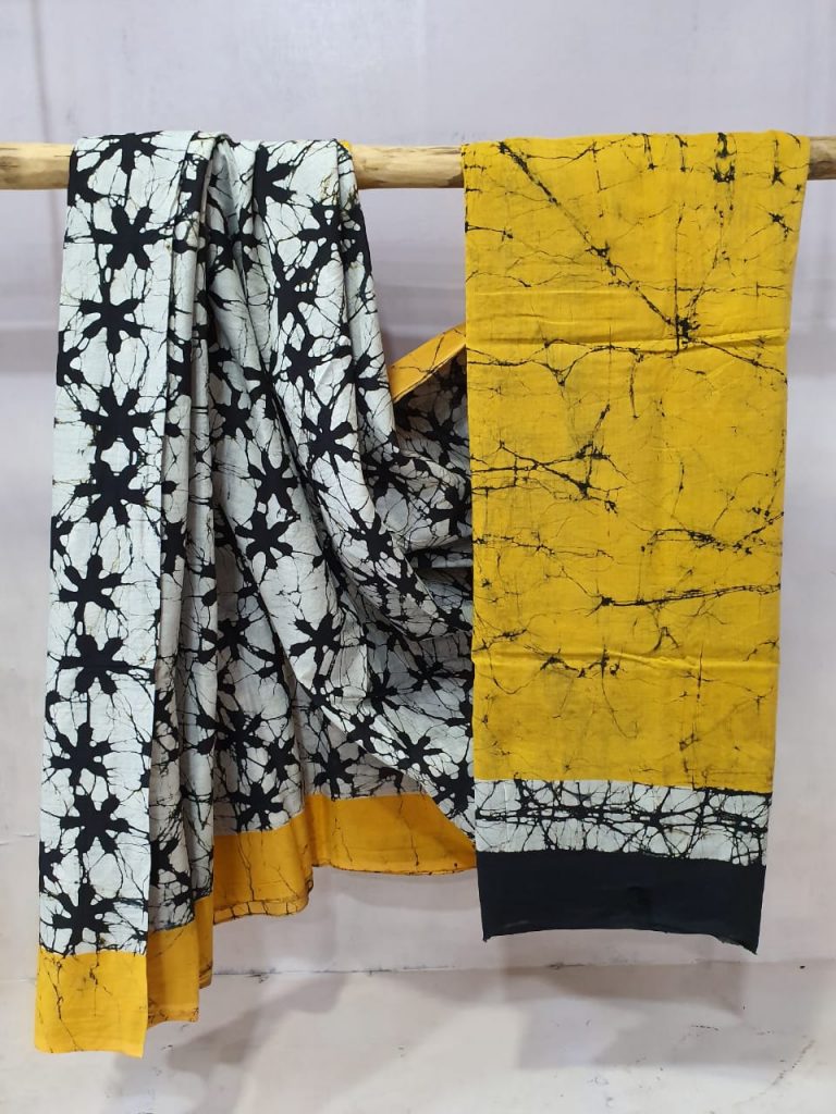 Batik print Yellow cotton saree for ladies