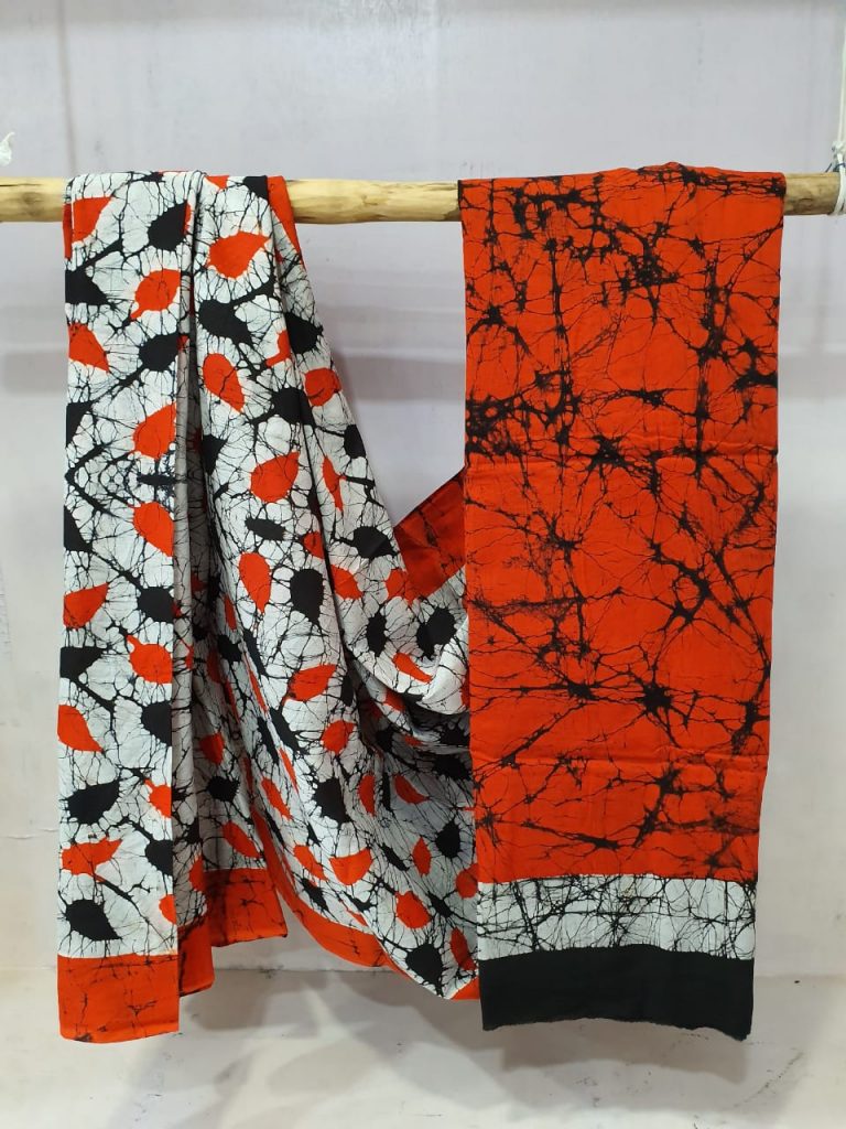Batik print Orange cotton saree for women