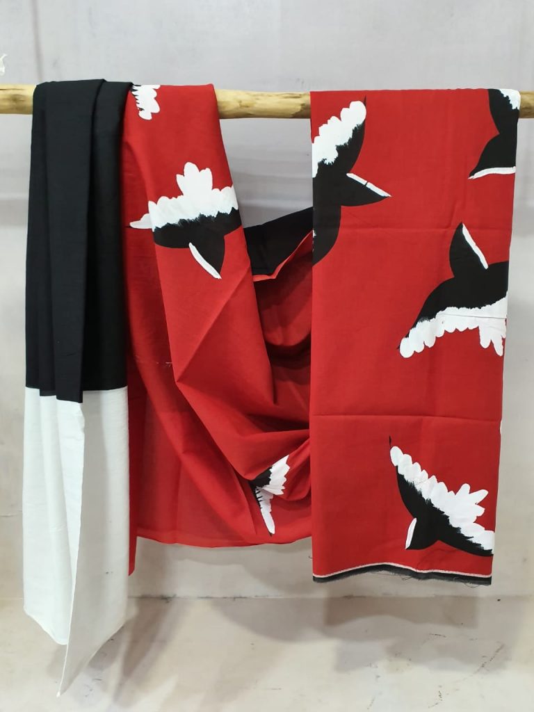 Crimson and black Cotton saree with blouse