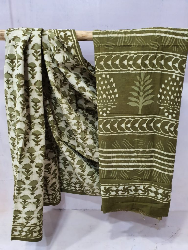 Olive Cotton mulmul saree with blouse
