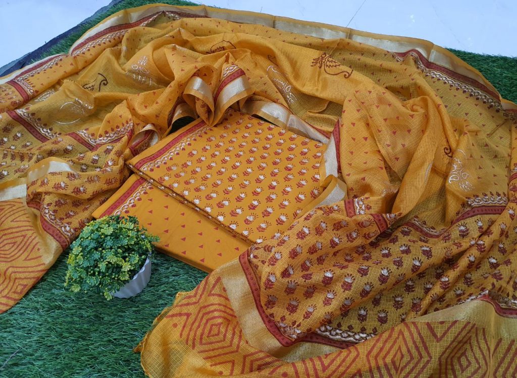 Unstitched Marigold Cotton suit with kota silk dupatta